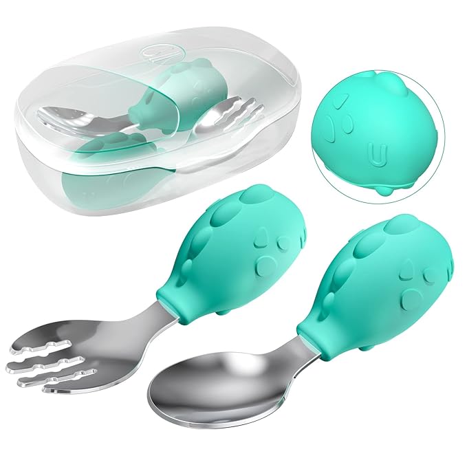 Deejoy Toddler Utensils - Stainless Steel Spoons and Forks, Kids Silverware Self Feeding Flatware Set with Travel Safe Case (Green)-CubbioJoy