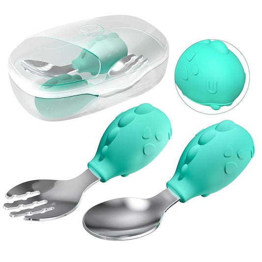 Deejoy Toddler Utensils - Stainless Steel Spoons and Forks, Kids Silverware Self Feeding Flatware Set with Travel Safe Case (Green)-CubbioJoy