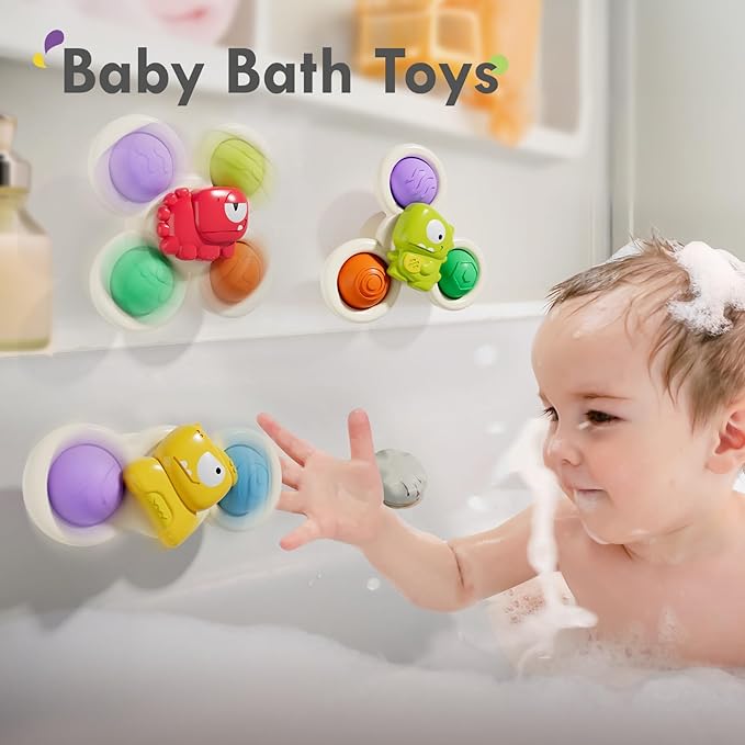 ALASOU 3PCS Pop Suction Cup Spinner Toys for 1 Year Old Boy Girl|Novelty Spinning Tops Toddler Toys Age 1-2|Sensory Baby Bath Toy for Toddlers 1-3|12 18 Months Boy Birthday Gift for Infant-CubbioJoy