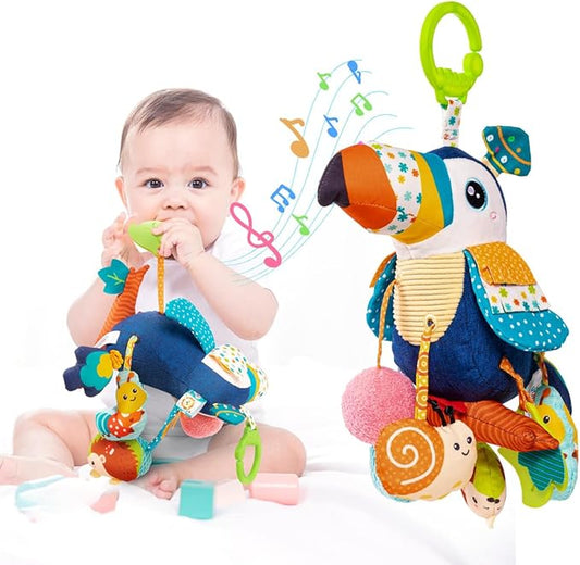 Jollybaby Musical Activity Pull String Hanging Toy for Baby Stroller Car Seat Crib Play Gym, Plush Stuffed Toucan Toy for Carseat with Music Teether Rattles, Sensory Toy for Baby Gift-CubbioJoy