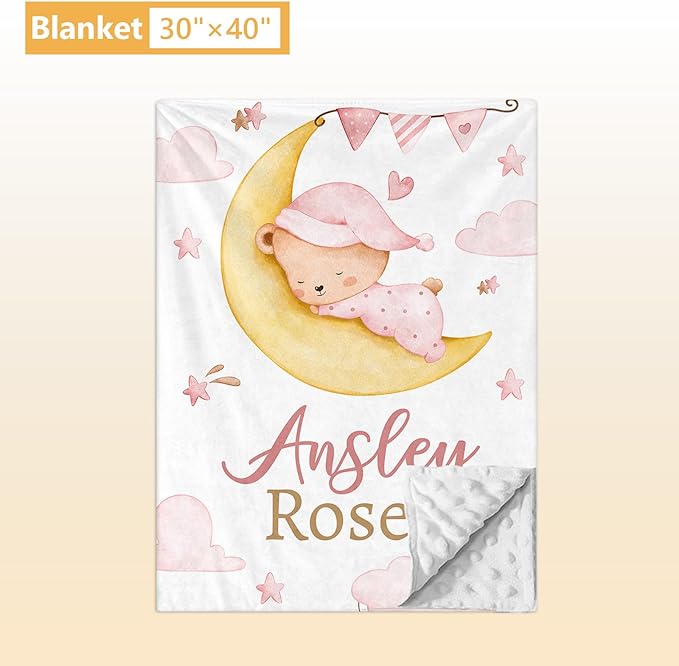 Custom Crib Bedding Set, 5 Pcs Customized Baby Crib Set with Name, Soft Double Layer Nursery Baby Bedding Set for Girls Boys, Personalized for Infants Toddlers, Pink Moon Bear-CubbioJoy