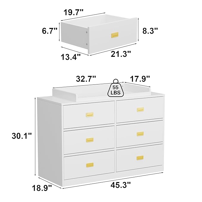 6 Drawer Baby Dresser, Nursery Dresser with Changing Topper, Long Cabinet for Infant Cloth Organize, Changing Station for Nursery and Kids Bedroom Storage, White (45.3" W x 18.9" D x 30.1" H)-CubbioJoy