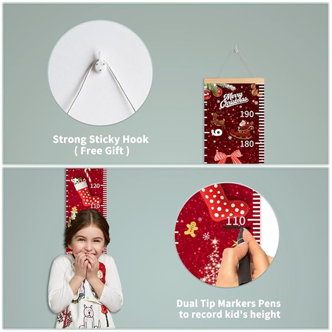 Christmas Baby Growth Chart for Wall, Height Chart for Kids, Xmas Kids Nursery Decor, Hanging Ruler Wall Decor, Kids Room Decor, Holiday Gifts for Boys Girls Toddlers - 76.7 x 7.9in with Black Wood-CubbioJoy