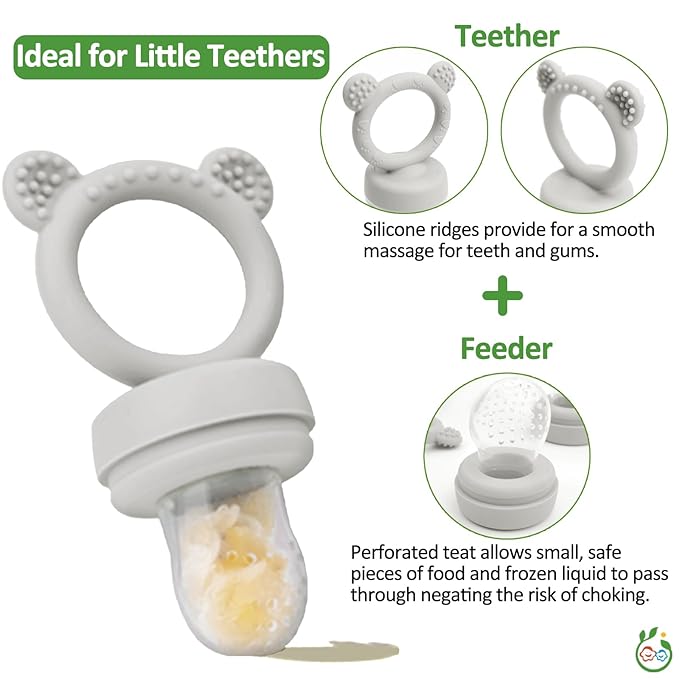 JEXFUN Baby Fruit Food Feeder & Mini Freezer Nibble Tray Combo, Breastmilk Popsicle Molds for Baby Cooling Relief, BPA Free Silicone Feeder for Safe Infant Self Feeding, 4 Month+ (Light Grey)-CubbioJoy