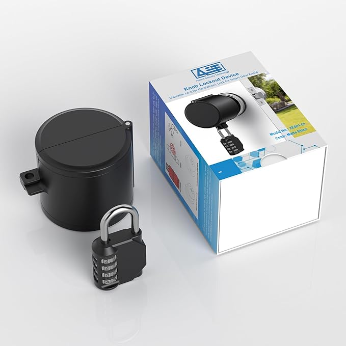 AST Door Knob Lockout Device with Passcode Padlock, Childproof Door Knob Cover, Lock Out to Smart Doorknob. Safety Cover for Faucet, Valve, Spigot. Prevent Access to Keyhole, Matte Black-CubbioJoy