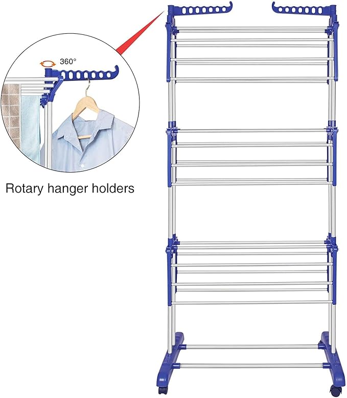 Bigzzia Clothes Drying Rack, Folding Stainless Steel Drying Rack Clothing Indoor Outdoor, Space-Saving, 4 Tier Laundry Drying Rack with Two Side Wings Grey Blue-CubbioJoy