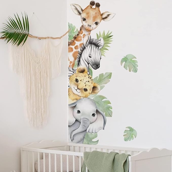 44.88 x 11.75 Inch Watercolor Jungle Animal Wall Decals - Forest Safari Elephant Lion Monkey Stickers for Baby Nursery, Playroom, Bedroom, Classroom, Kindergarten Decor-CubbioJoy