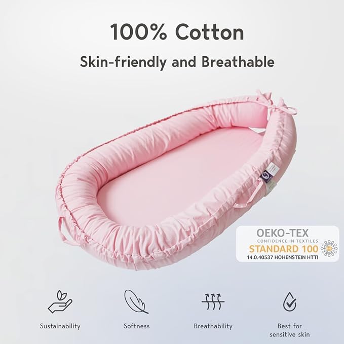 Infant Lounger, Baby Nest Cover for Baby Girls & Boys, Newborn Essentials for Baby 0-18 Months, 100% Cotton Breathable(Misty Rose)-CubbioJoy