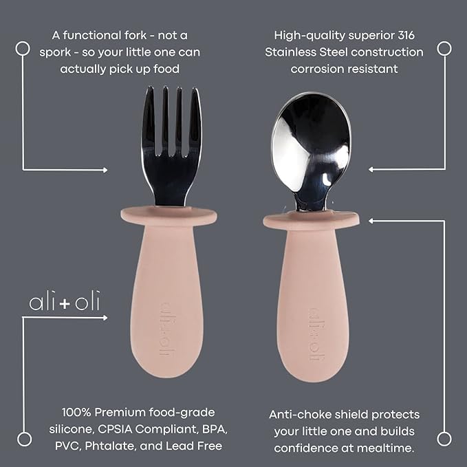 Ali+Oli Spoon & Fork Learning Set for Toddlers (Powder Pink) 6m+ Grab Easy BPA Free Food-Grade Silicone Handle, Kids Silverware Self Feeding Baby Utensil, Multi-stage Baby Feeding Set Ergonomic Design-CubbioJoy