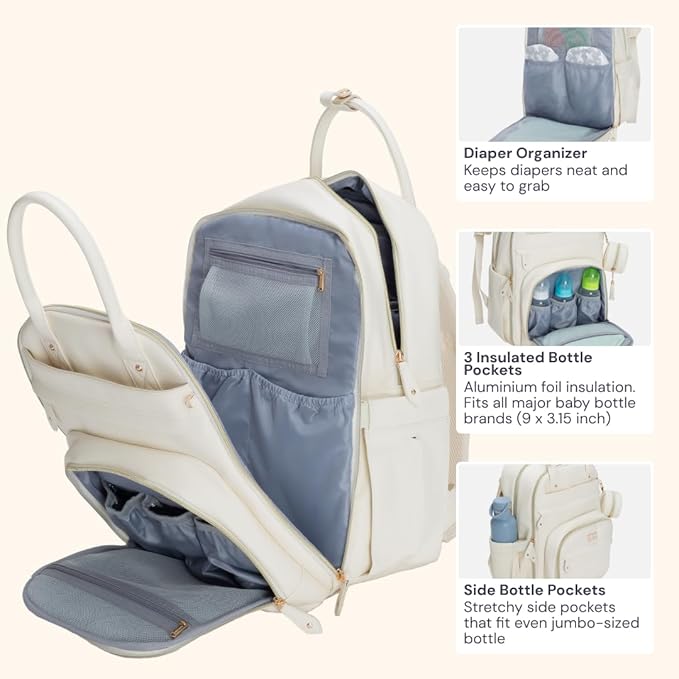 BabbleRoo Leather Diaper Bag Backpack - Baby Essentials Travel Baby Bag, Multi function, Waterproof, with Changing Pad, Stroller Straps & Pacifier Case – Unisex, Eggshell White-CubbioJoy