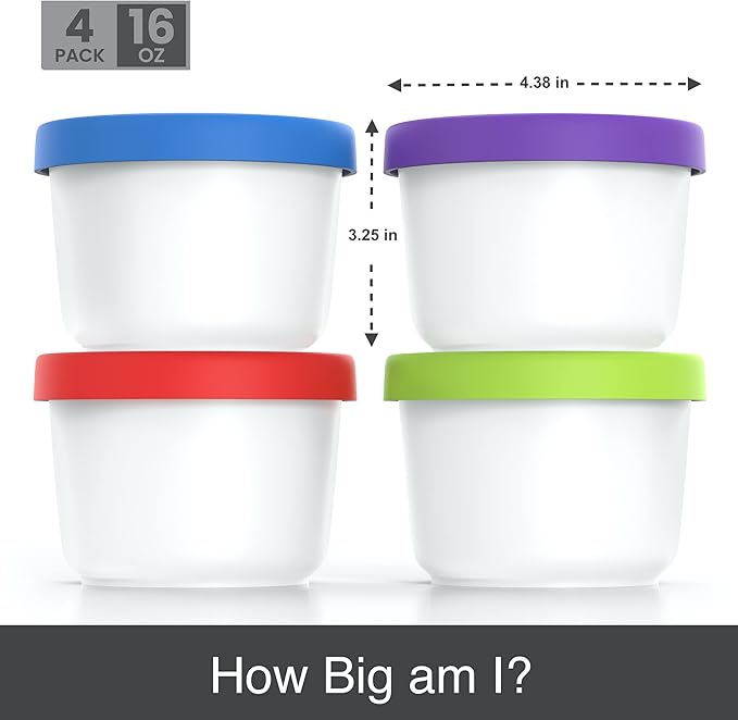 BALCI - 16oz Ice Cream Containers with Silicone Lids (Set of 4) - 1 Pint Each Freezer Food Storage Containers, Reusable, LeakProof, For Homemade IceCream Containers - Blue, Red, Green, Purple-CubbioJoy
