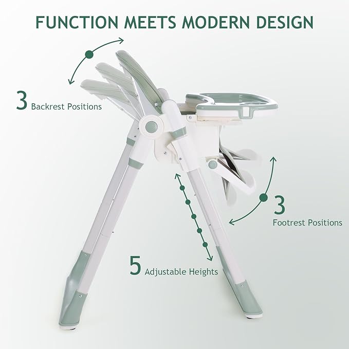 3 in 1 Baby High Chair with Wheels, Adjustable 5 Point Harness, Tray, Foot Rest, Backrest and Seat Height, Foldable High Chair for Toddlers, Green-CubbioJoy