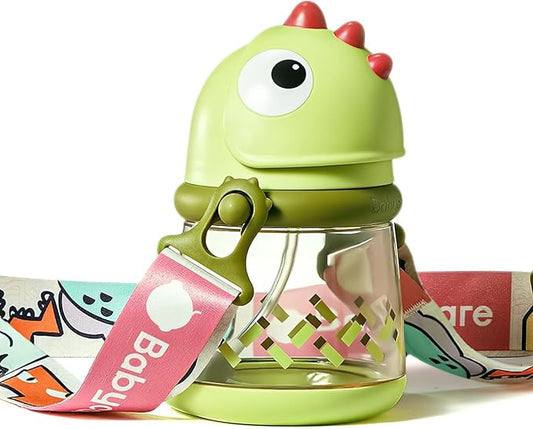 bc babycare Straw Sippy Cups for Toddler, No Spill Sippy Cups for Baby 1+ Year Old, Transition Weighted Sippy Cup with Straw and Strap, 10oz/300ml, Green-CubbioJoy