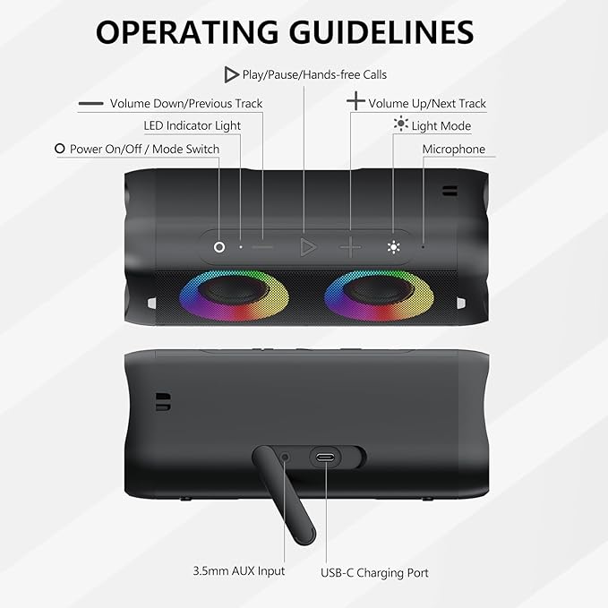 DONOW Portable Bluetooth Speaker with Lights, 30W Stereo Sound, Bass Boost, IPX5 Waterproof, 20H Playtime, Built-in Mic, Speakers Bluetooth Wireless for Home, Party, Outdoor, Travel(Black)-CubbioJoy