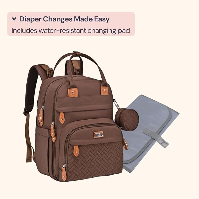 BabbleRoo Diaper Bag Backpack - Baby Essentials Travel Tote - Multi Function Waterproof Diaper Bag, Travel Essentials Baby Bag with Changing Pad, Stroller Straps & Pacifier Case - Unisex, Brown-CubbioJoy