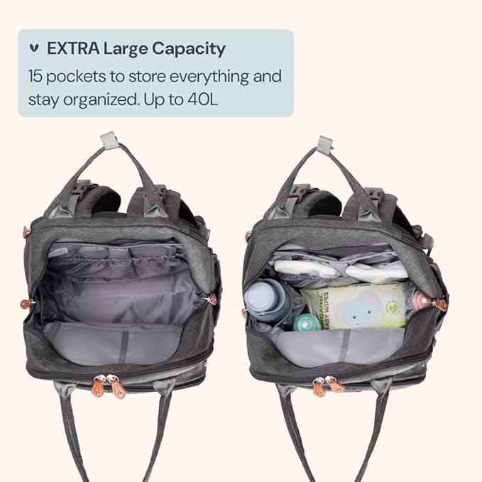 BabbleRoo Extra Large Diaper Bag Backpack, Expandable Baby Bag with Up to 50% More Capacity - Travel Essentials Baby Bag Tote with Changing Pad, Stroller Straps & Pacifier Case - Unisex, Dark Gray-CubbioJoy