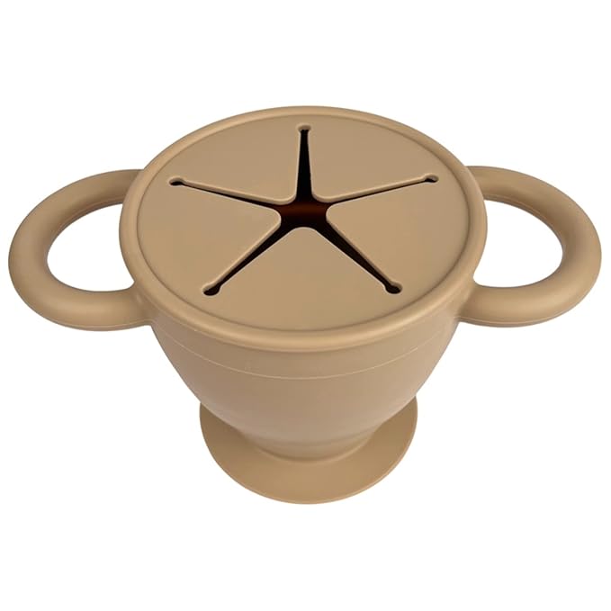 BraveJusticeKidsCo. | Snack Attack II Snack Cup | Collapsible Silicone Snack Container | Toddler and Baby Snack Catcher Lid (Warm Sand)-CubbioJoy