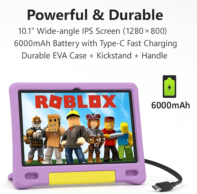 10.1 Inch Kids Tablet with Shockproof Case | Android 14, 64GB+8GB RAM, 12H Battery | Parental Control, Google Kids Space & Preloaded Educational Apps | WiFi 6, HD Display, Ages 3-12-CubbioJoy