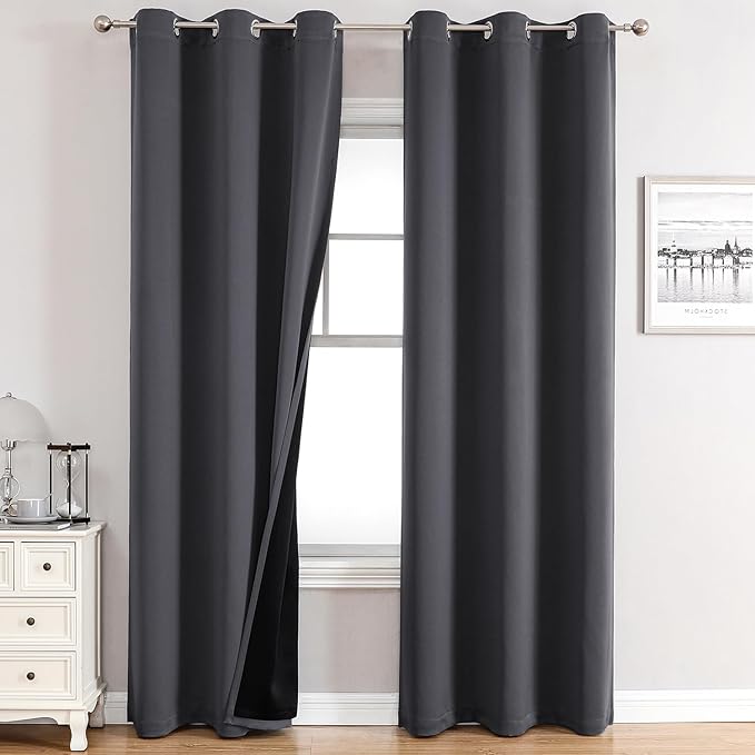 ChrisDowa 100% Blackout Curtains for Bedroom with Black Liner, 2 Thick Layers Total Blackout Thermal Insulated Grommet Window Curtains 84 Inch Long 2 Panels Set (Dark Grey, 42 x 84 Inch)-CubbioJoy