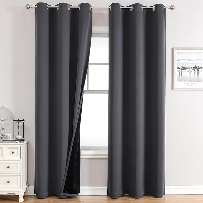 ChrisDowa 100% Blackout Curtains 78 inch Long for Bedroom with Black Liner, 2 Thick Layers Total Blackout Thermal Insulated Grommet Window Curtains 2 Panels Set (Dark Grey, 42 x 78 Inch)-CubbioJoy