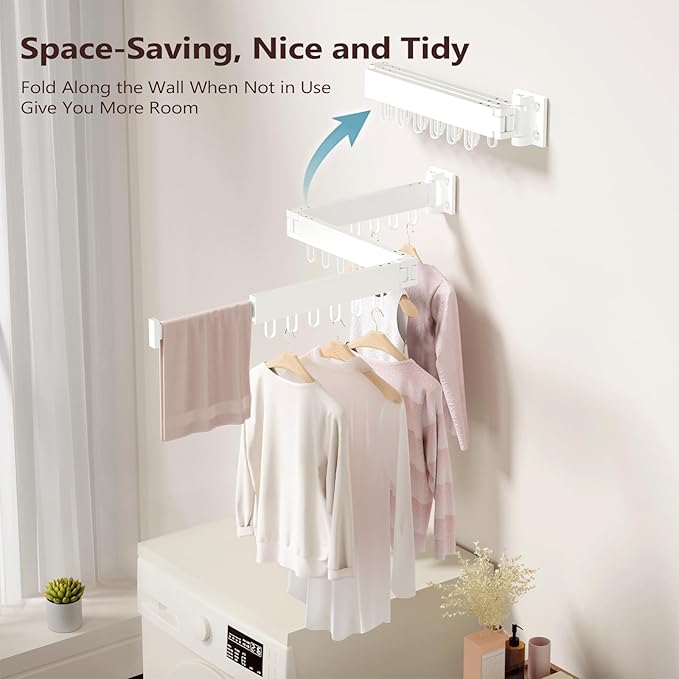 JAUREE Clothes Drying Rack Wall Mounted, Laundry Drying Rack Collapsible, Space Saving Wall Drying Rack Clothing Foldable, Tri-Fold Retractable Rack Outdoor Indoor with 18 Hooks, White-CubbioJoy