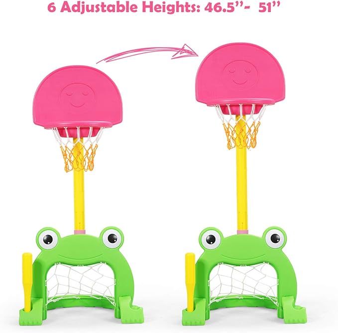 Costzon Toddler Basketball Hoop, 3-in-1 Sports Set for Basketball, Baseball & Football, 6 Height Adjustable Basketball Toy Activity Center for Indoor & Outdoor, Best Gift for Kids (Cute Frog)-CubbioJoy
