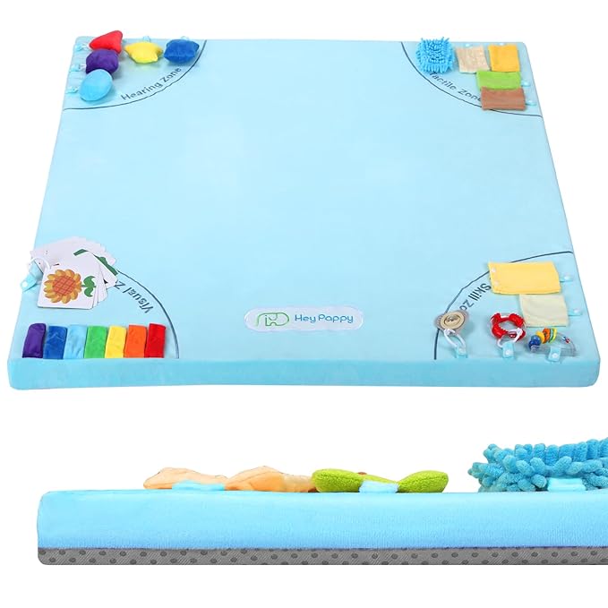 Baby Play Mat, 50''x50'' Playpen Mats with 4 Sensory Development Zones for Motor Skills, Unique Crawling Mats with Non-Slip Cushioned that Fits Nicely into Any Playroom, Blue-CubbioJoy