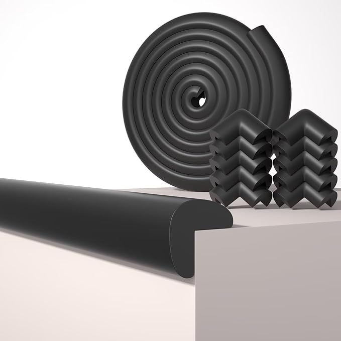 Baby Proof Edge Corner Protector, 16.4FT 0.47''Th L-Shape Furniture Corner & Edge Safety Bumpers with 10 Corners, Pre-Taped, Soft NBR Rubber Foam Desk Edge Cushion Wall Corner Protector (Black)-CubbioJoy