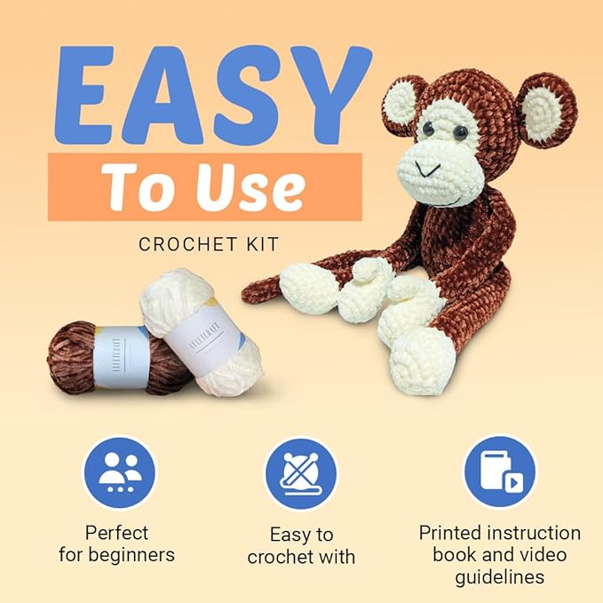 CULETCRAFT Crochet Kit for Beginners Adults, Freddy The Monkey DIY Crochet Animal Kit for Beginners, Learn to Crochet with Step-by-Step Instruction Book, Beginner Crochet Kit for Adults and Kids-CubbioJoy