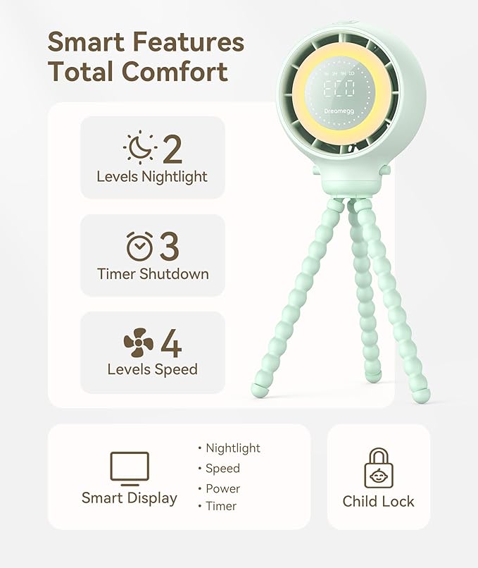 Dreamegg Portable Stroller Fan - 4000mAh Rechargeable Baby Stroller Fan With LED Display, Night Light, Hidden Blade, Detachable 4 Speed 360°Rotate, Handheld Cooling for Crib,Travel, Car Seat(Green)-CubbioJoy