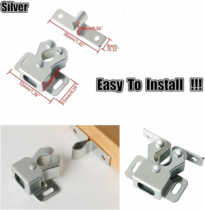 Alise Cabinet Door Latch,Cupboard Closet Doors Catch Closer Double Ball Roller Latches,Cold Rolled Steel Silver CA1000LS-12P(Pack of 12)-CubbioJoy