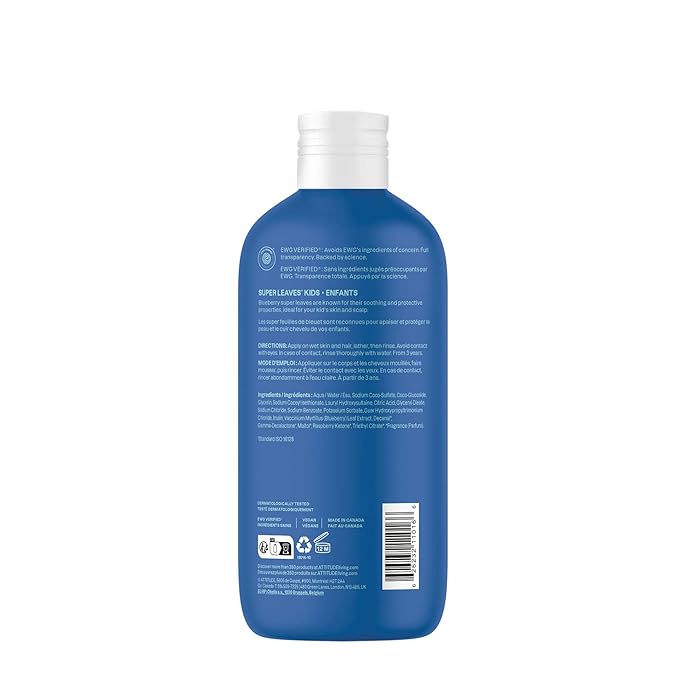 ATTITUDE Shampoo and Body Wash for Kids, EWG Verified Hair and Body Cleanser, Dermatologically Tested Soap, Plant and Mineral Based Bath Products, Vegan, Blueberry, 16 Fl Oz-CubbioJoy