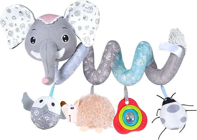 Jollybaby Baby Car Seat Stroller Toys, Plush Activity Hanging Spiral Activity Pram Crib with Music Box, Rattles, Squeaker for Babies Infant Boys Girls (SZ Gray Elephant)-CubbioJoy