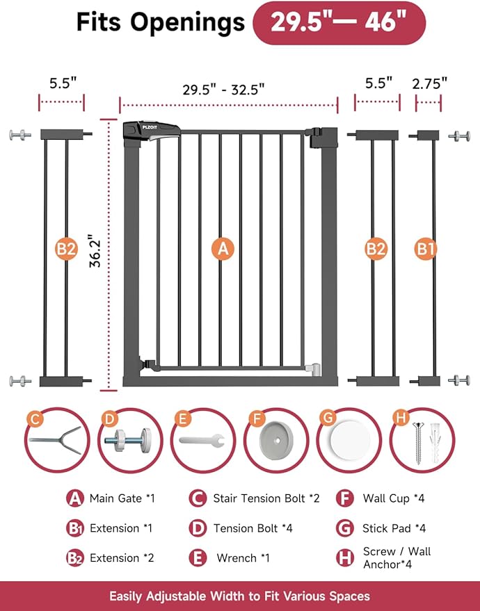 36.2" Extra Tall Baby Gate for Stairs, 29.5-46" Wide Dog Gate for Doorways, Walk Thru Auto Close Metal Child Gate for The House, Stairs and Doorways, Pet Gate Pressure Mounted Dog Gate Indoor (Black)-CubbioJoy