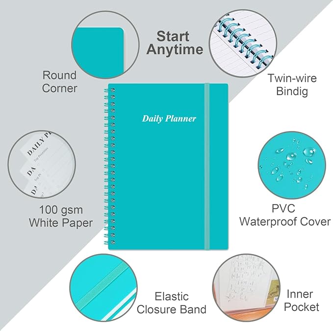 Daily Planner Undated - B5 To Do List Notebook Hourly Schedules, Spiral Appointment Planner for Women and Men, PVC Hardcover, Inner Pocket, Elastic Closure, 7" x 10", Teal-CubbioJoy