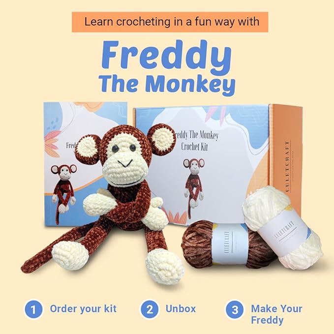 CULETCRAFT Crochet Kit for Beginners Adults, Freddy The Monkey DIY Crochet Animal Kit for Beginners, Learn to Crochet with Step-by-Step Instruction Book, Beginner Crochet Kit for Adults and Kids-CubbioJoy
