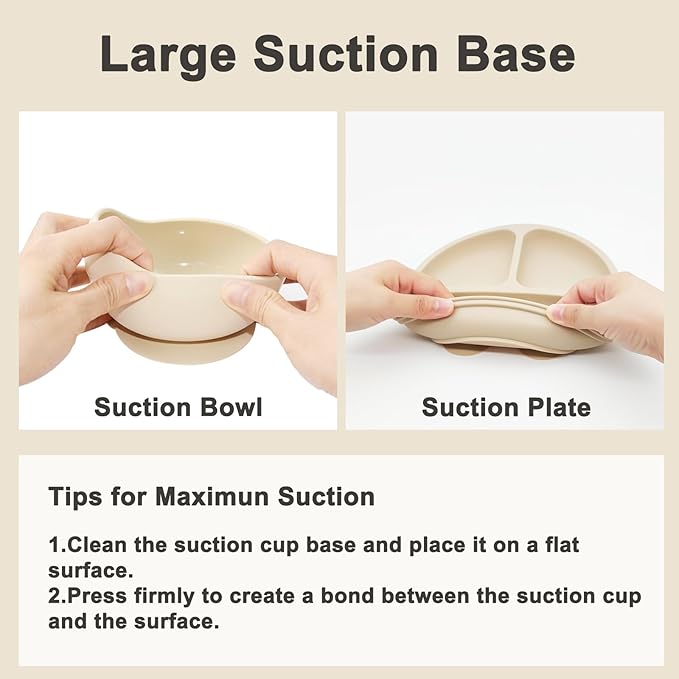 Silicone Baby Feeding Set | Baby Led Weaning Supplies Includes Suction Bowls and Divided Plates, Adjustable Bib, Baby Utensils Spoons and Forks,Cup | Baby Feeding Essentials (Beige)-CubbioJoy