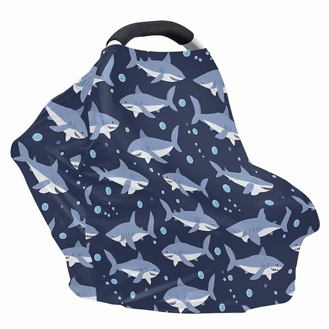 Binienty Cartoon Shark Print Car Seat Canopies for Baby Boys Girls, Women's Light Soft Nursing Cover Breastfeeding Scarf Breathable Stroller Cover for Sun and Windy-CubbioJoy