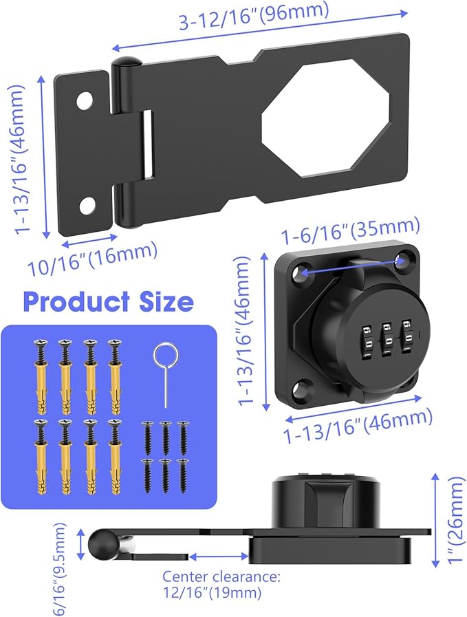 3.5Inch Mechanical Password Rotary Hasp Latch Locks, 3-Digit Cabinet Combination Lock for Small Doors, Cabinets, Barn Door, Closet, Kitchen Drawers, Cupboard (Black -1pc)-CubbioJoy
