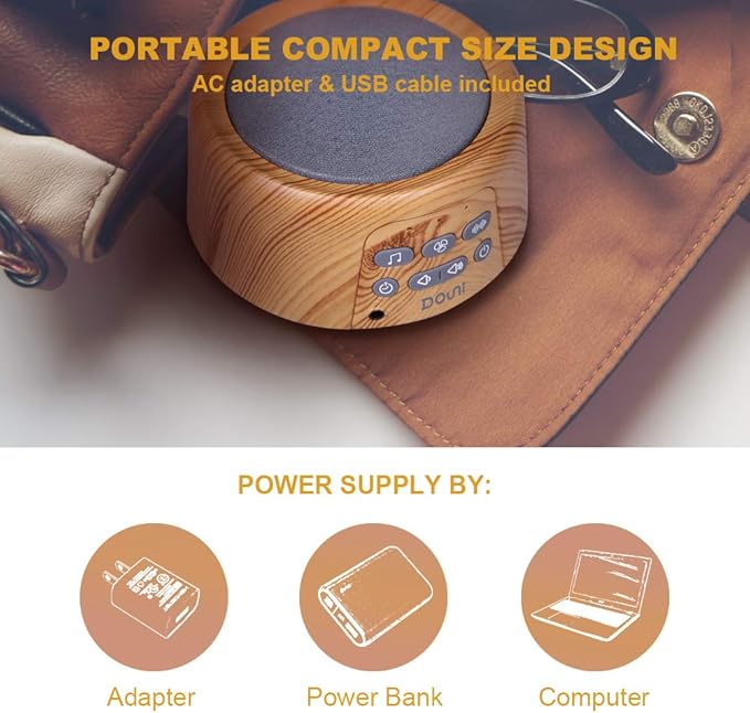 DOUNI White Noise Machine with 27 Soothing Sounds Timer, Adjustable Volume, Memory Function for Sleeping, Relaxation,Sound Machine for Kid,Adult,Nursery,Home,Office,Travel.Wood Grain-CubbioJoy