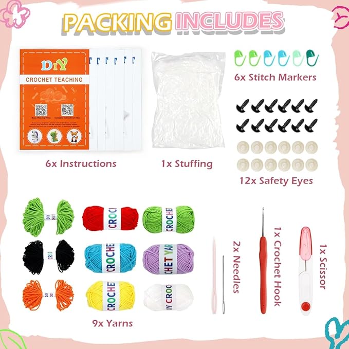 6 PCS Crochet Animal Kit –2026 DIY Amigurumi Crochet Kit for Beginners, Knitting Crochet Kit For Kids Adults , Knitting Kit with detailed videos tutorials, Yarn, Hook, Best Gift For Crochet Lovers-CubbioJoy