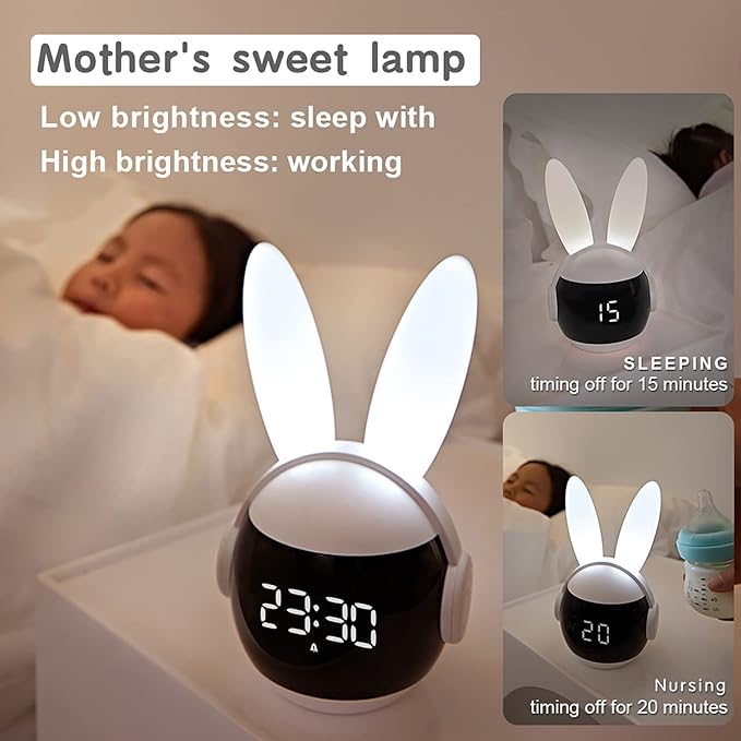 Kids Alarm Clock for Kids, Bunny Alarm Clocks for Girls Boys, White Kid Alarm Clock with Ringtones & Night Light Rechargeable Snoozing-CubbioJoy