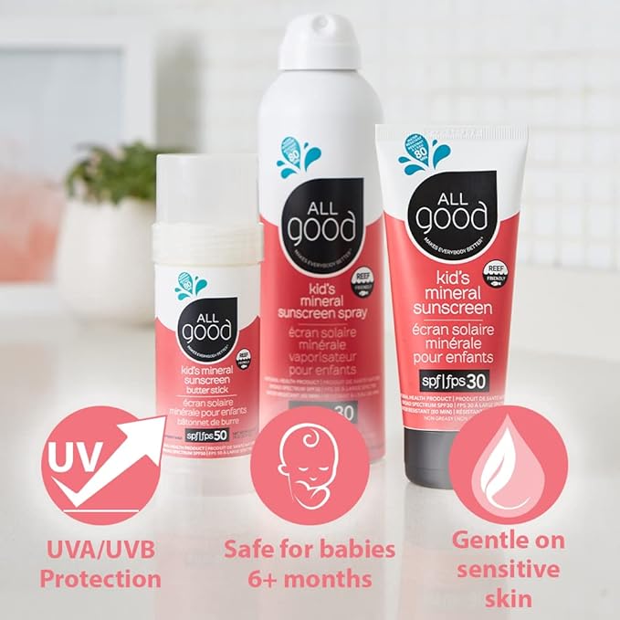 All Good Baby & Kids Mineral Face & Body Sunscreen - UVA/UVB Broad Spectrum, Coral Reef Friendly, Water Resistant, Zinc Oxide - (2) SPF 50 Butter Sticks & (2) SPF 30 Sprays-CubbioJoy
