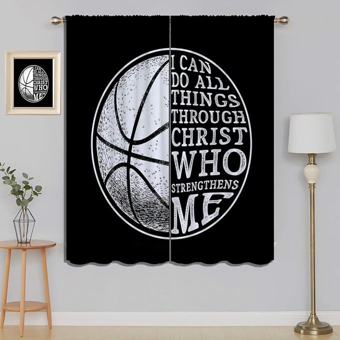 Basketball Blackout Curtains for Boy Girl Room Darkening Decor,Sport Theme and White Motto Dark Background Bedroom Living Room Home Rod Pocket Thermal Insulated Window Curtain/Drapes Panel,84x63 Inch…-CubbioJoy