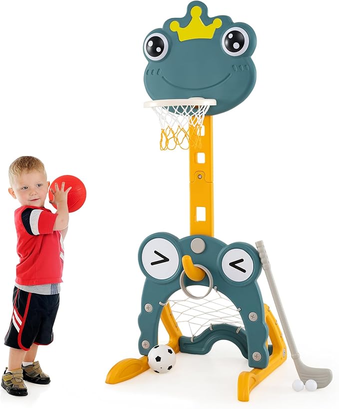 Costzon Toddler Basketball Hoop, 4-in-1 Kids Sports Activity Center with Rim, Soccer Goal, Golf, Ring Toss, Height Adjustable Kids Basketball Hoop with Fillable Base for Indoor Outdoor (Green Frog)-CubbioJoy