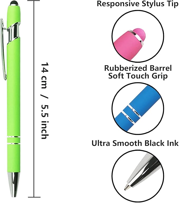 Ballpoint Pen with Stylus Tip, Soft Touch Click Metal Pen, 1.0mm Medium Point, Black Ink, 12 Count(Light Green)-CubbioJoy