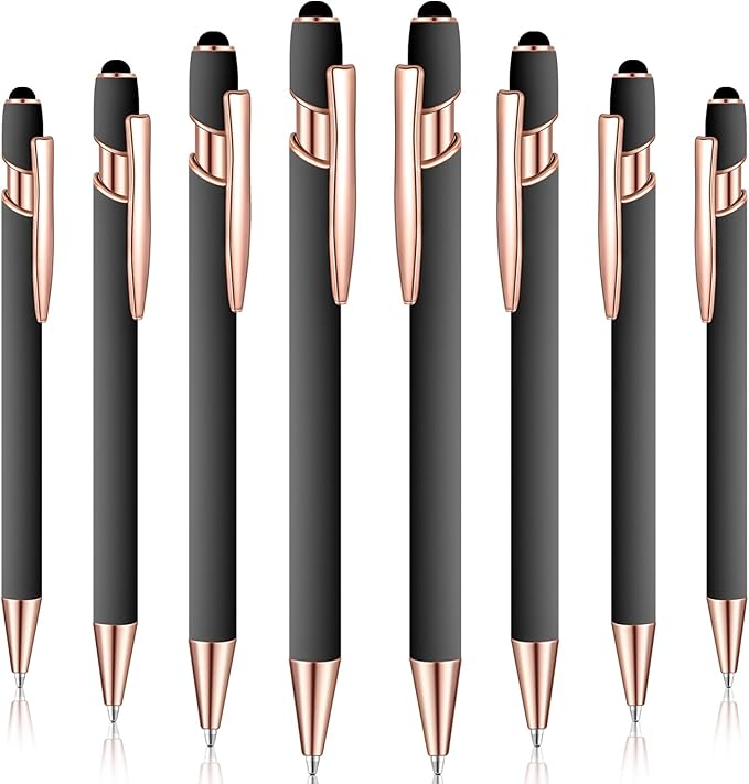 8 Pieces Ballpoint Pen with Stylus Tip Black Ink 2 in 1 Stylus Metal 1.0 mm Medium Point Smooth Pen Rainbow Colorful Rubberized Ballpoint for Touch Screen Tablet(Gray)-CubbioJoy