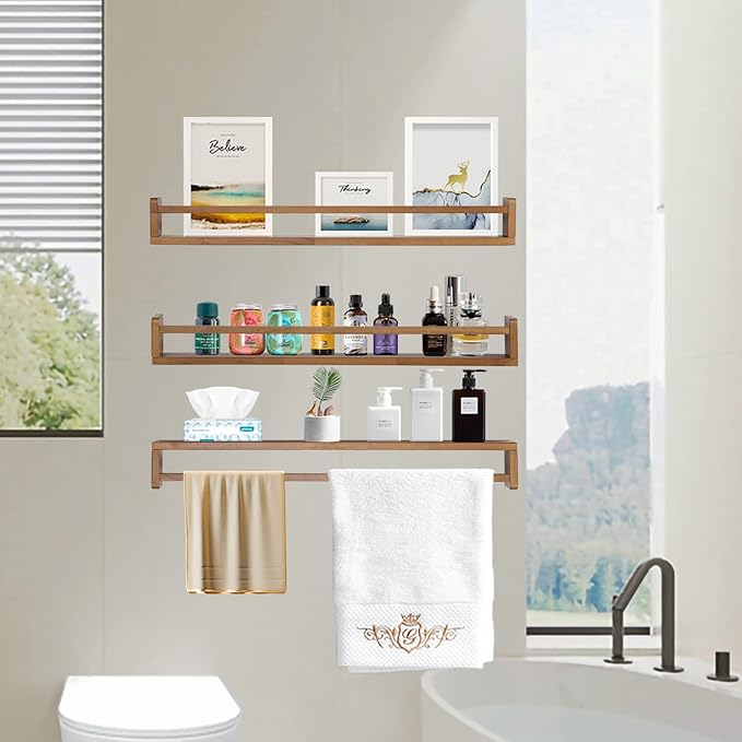 AZSKY Light Walnut Nursery Book Shelves 36 in Floating Wall Mounted Bookshelf Kids Room Hanging Shelves Toddlers Toys Books Storage Organizer a Set of 3-CubbioJoy