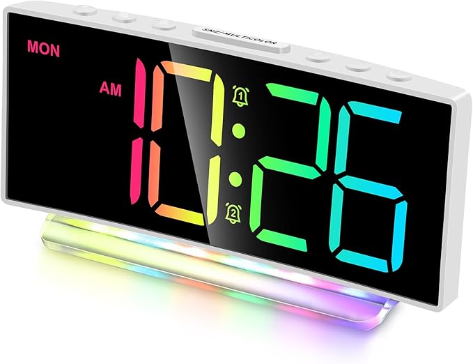Cadmos Loud Alarm Clocks for Heavy Sleepers,Adults,Kids,Teens,Large Digital Display,7 Color Night Light,Adjustable Volume,Battery Backup,Small Bedside Clocks for Bedrooms (White+Dynamic)-CubbioJoy