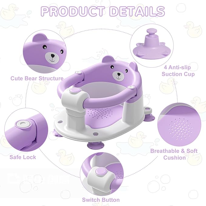 Baby Bath Seat for Babies 6 Months & up, Non-Slip Toddler Bath Seats for Babies Sitting Up, Safe Infant & Newborn Bathtub Chair with 4 Suction Cups & Soft Cushion for Shower,Lavender-CubbioJoy